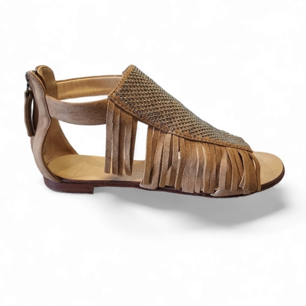 Auth! Giuseppe Zanotti Alabama fringed studded suede gladiator sandals s…